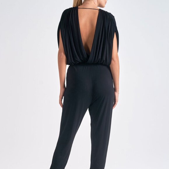 Elan Black V-neck Jersey stretch Jumpsuit - Picture 3 of 9